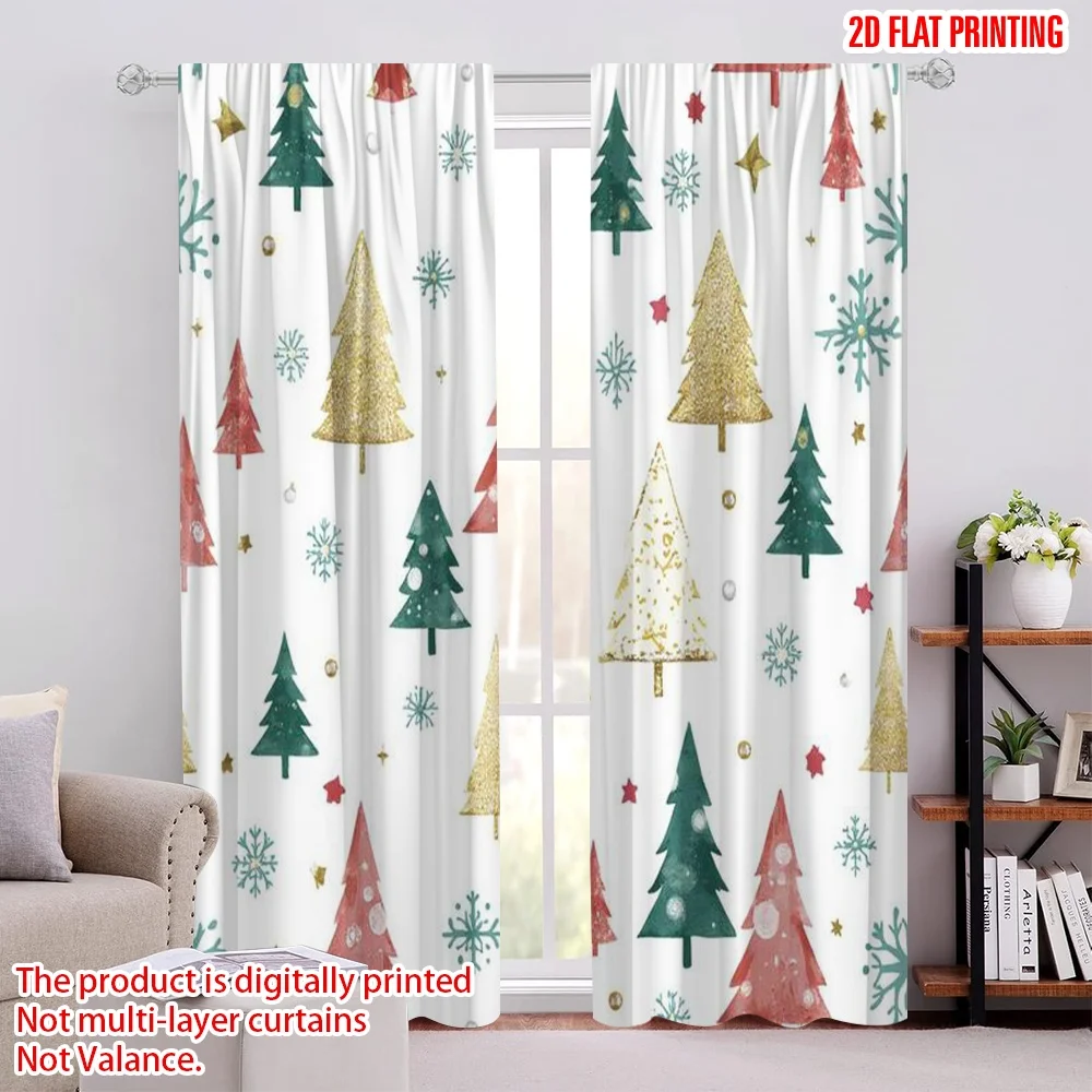 

2pcs 2D flat printing Merry Christmas Popular Drapes Holiday New Year Winter Cartoon Tree Versatile Durable Polyester Without