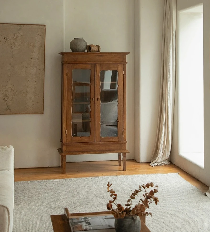 

Indonesian old bookcase medieval wabi-sabi wind solid wood glass floor-to-ceiling locker