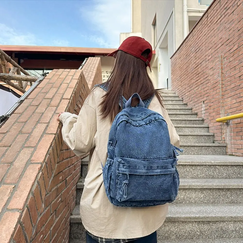Simple Y2K Denim Backpack Japanese Style Street Style Vintage Handbag Shopping Bag Large Capacity Solid Crossbody Bag Women&Men