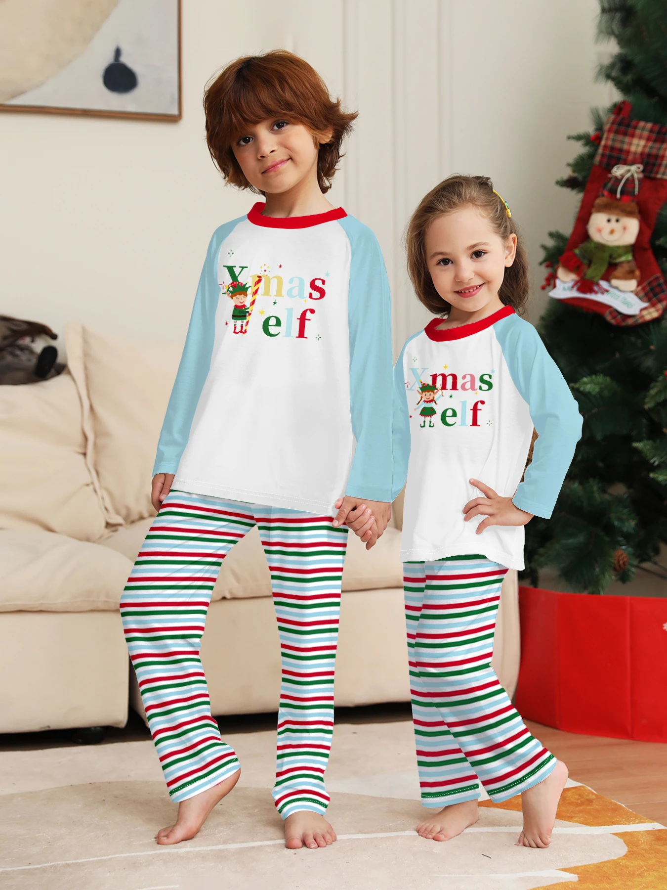 

Casual Christmas Kids Pajamas Set for Boys & Girls, Xmas Elf Print Raglan Sleeve Blue Red & Red Green Stripes Sleepwear