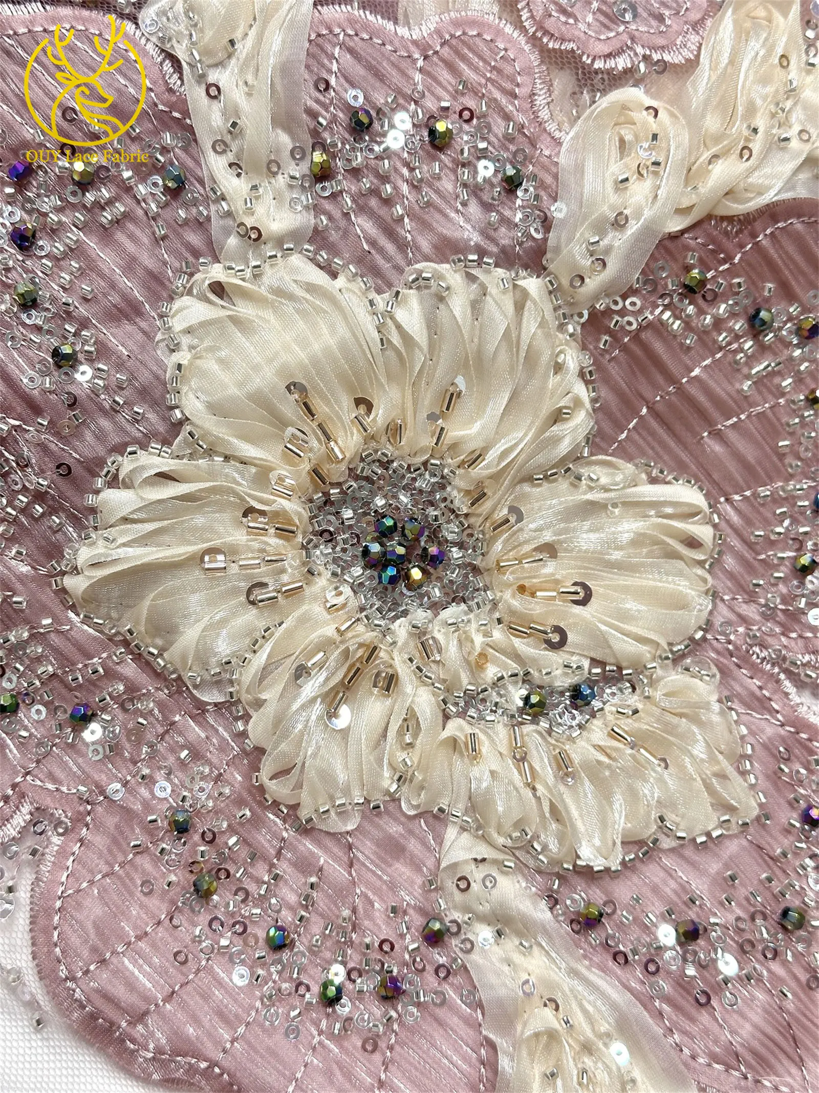Marineblauer, wunderschöner afrikanischer Spitzenstoff mit Perlen und Pailletten, 3D-Blume, nigerianischer hochwertiger Tüll-Mesh-Spitzenstoff für Ballkleider, 5Y – Detail 9