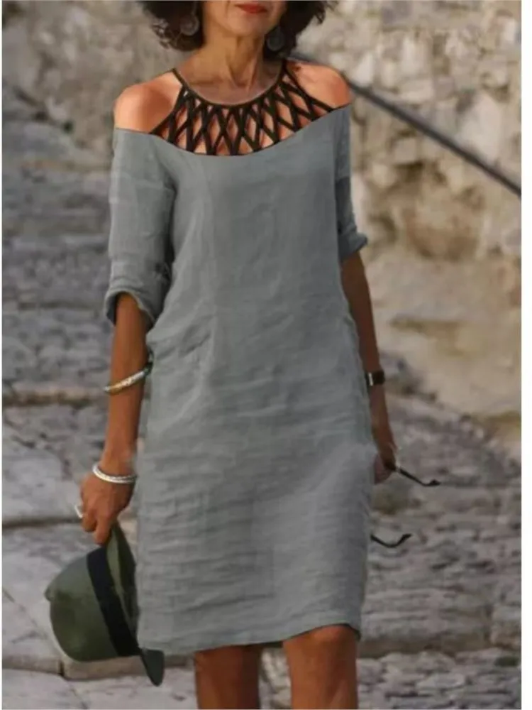 

Vintage Dress Cotton Linen Women Clothing Summer Hollow Out Casual Chic Tunic Fashion Oversize Midi White Dresses Female Vestido