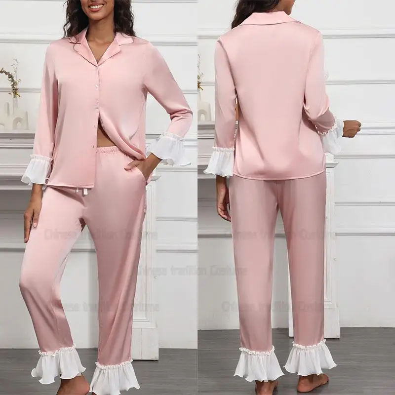 

2026 весенний новый пижамный костюм, женская рубашка с оборками, брюки, комплект из 2 предметов, одежда для сна, брюки с длинными рукавами, наряд из ледяного шелка, домашняя одежда