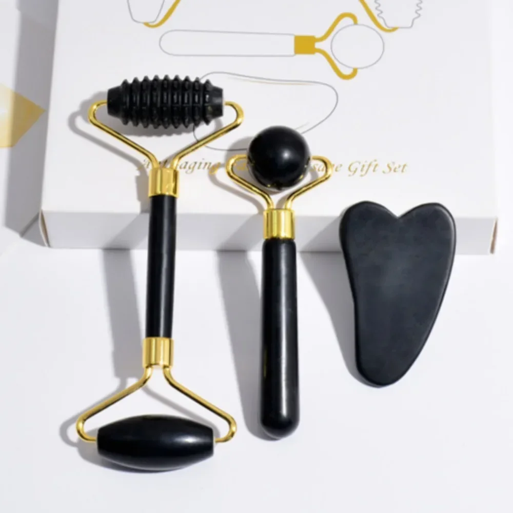 3pcs Natuurlijke Rose Jade Roller Gezichtsmassage Gua Sha Board Jade Massager Body Facial Eye Schrapen Acupunctuur Face Lift