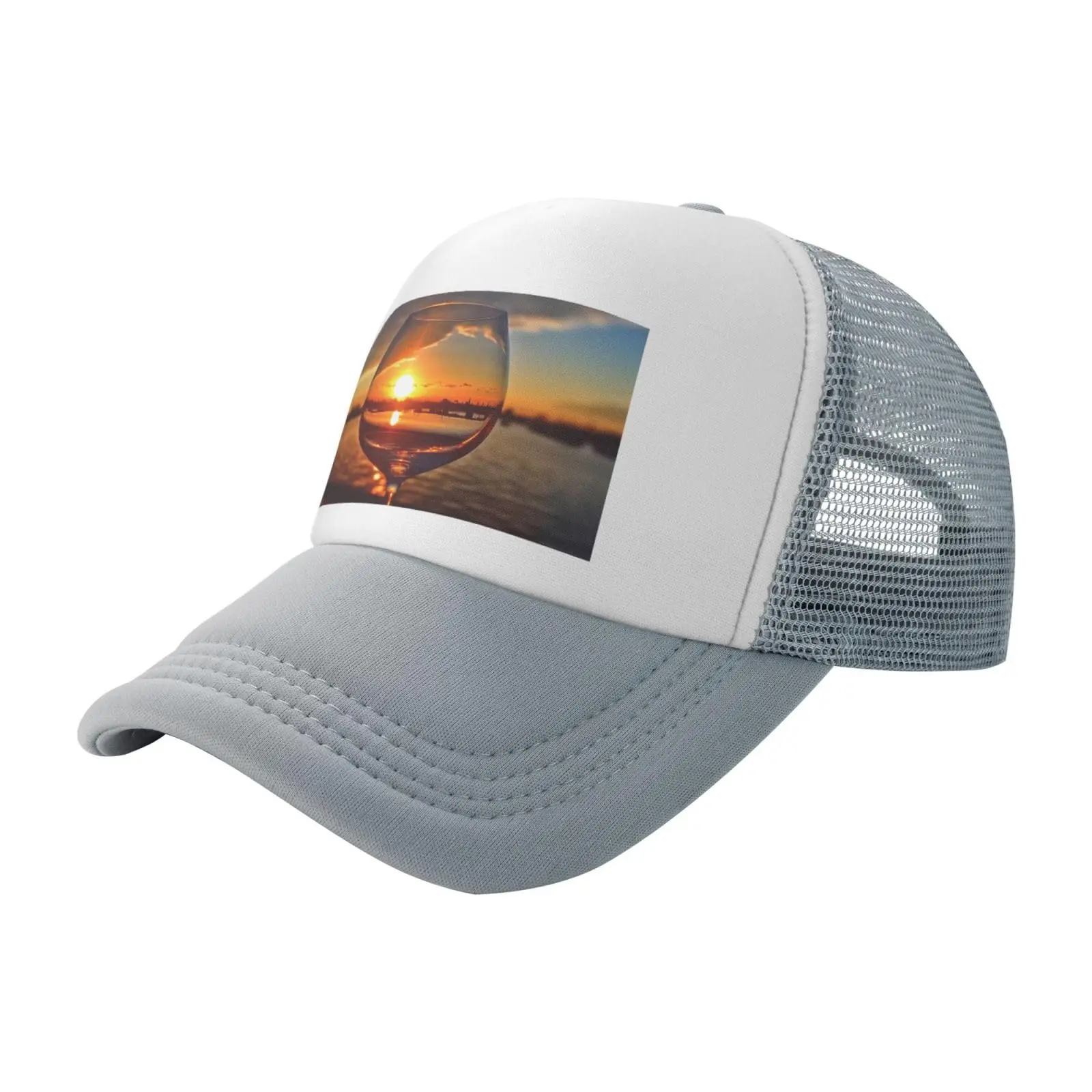 

Wine Glass In The Sunset Printed Trucker Hats Baseball Cap Breathable Mesh Adjustable Breathable Outdoor Sports Fishing Hat