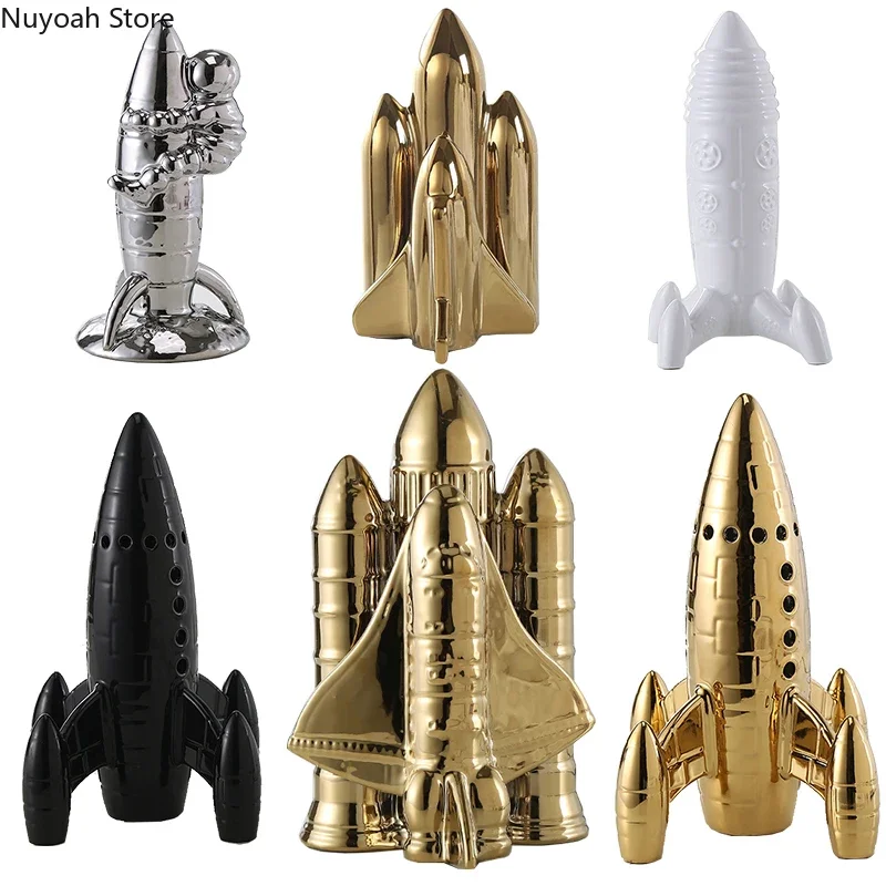 Creative Golden Rocket Ornaments Aviation Spaceship Modern Model Ceramic Crafts Desktop Ornaments Home Decoration Accessories