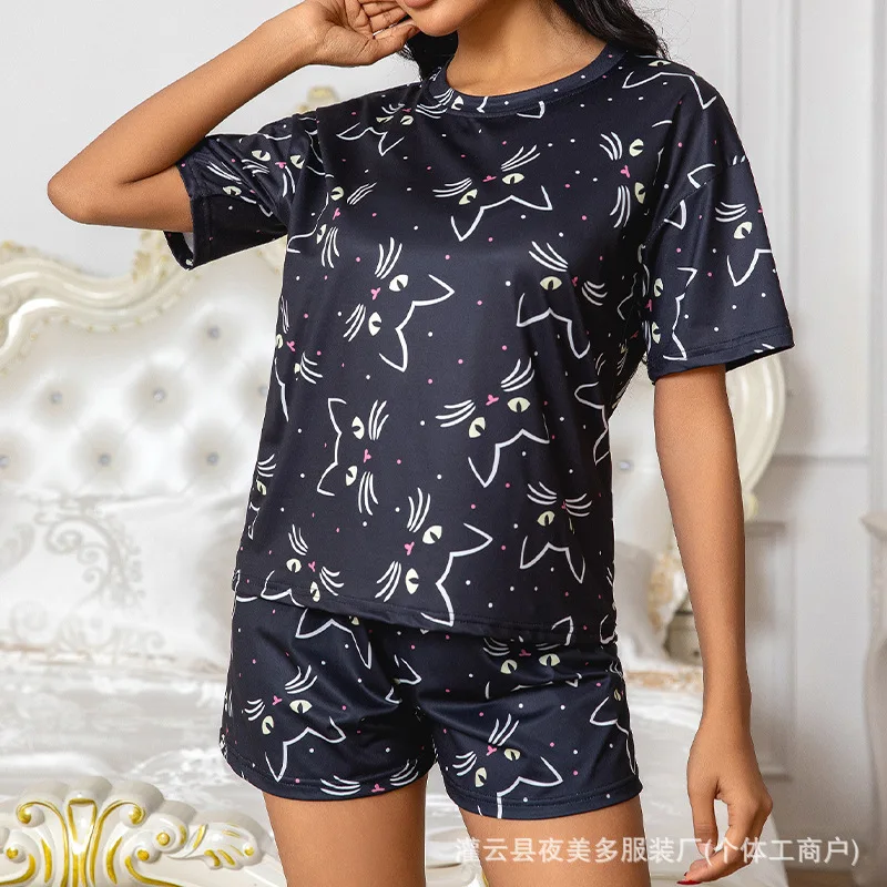 Printed women's loungewear short-sleeved shorts set casual cotton feel