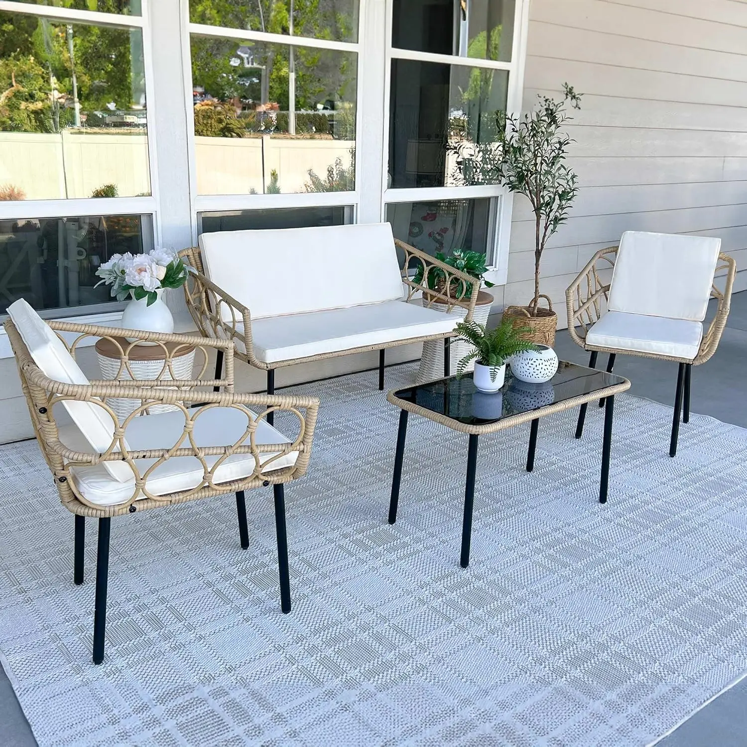 4 Pieces Patio Furniture Set, Wicker Outdoor Bistro Set, All-Weather Rattan Conversation Set with Loveseat Chairs Table Cushions