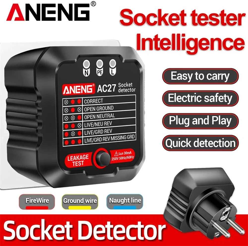 

ANENG AC27 Smart Socket Tester Voltage Test Circuit Breaker Finder Ground Zero Line Polarity Phase Leakage Check EU/US Plug Test