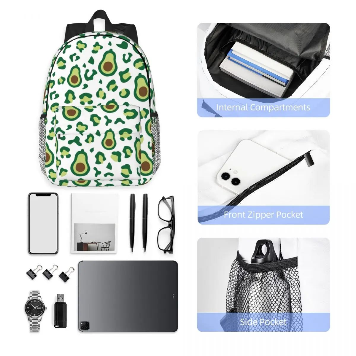 Green Avocado Leopard Pattern Backpack for Men Women College School Student Bookbag Fits 15 Inch Laptop Bags