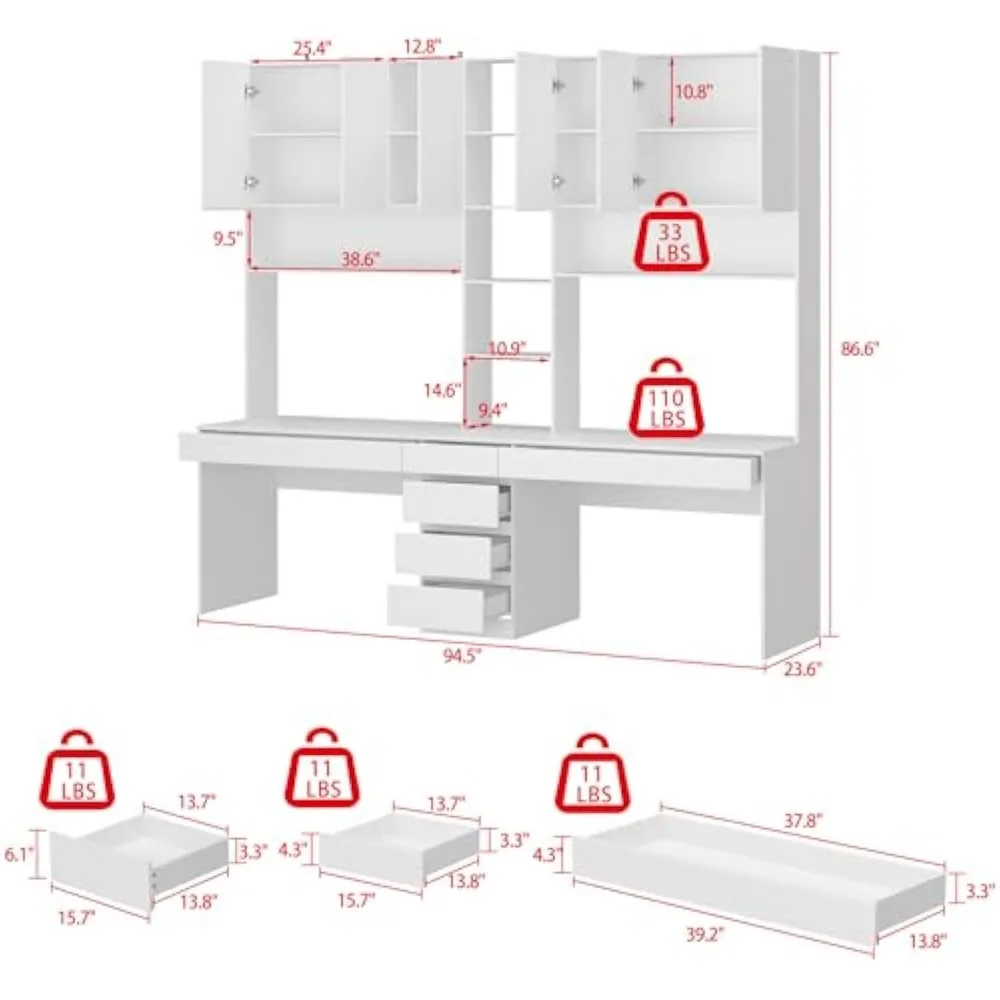 White Large 2-in-1 Computer Desk for 2 Person with 86.6 Tall Bookshelf, 94.5 L Office Desk Writing Study Table with 6 Drawers,