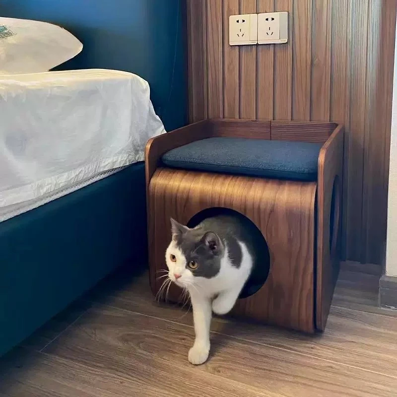 Solid Wood Closed Cat House Summer Universal Human‑Cat Shared Furniture Indoor Cat Dog Kennel Villa Pet Bed