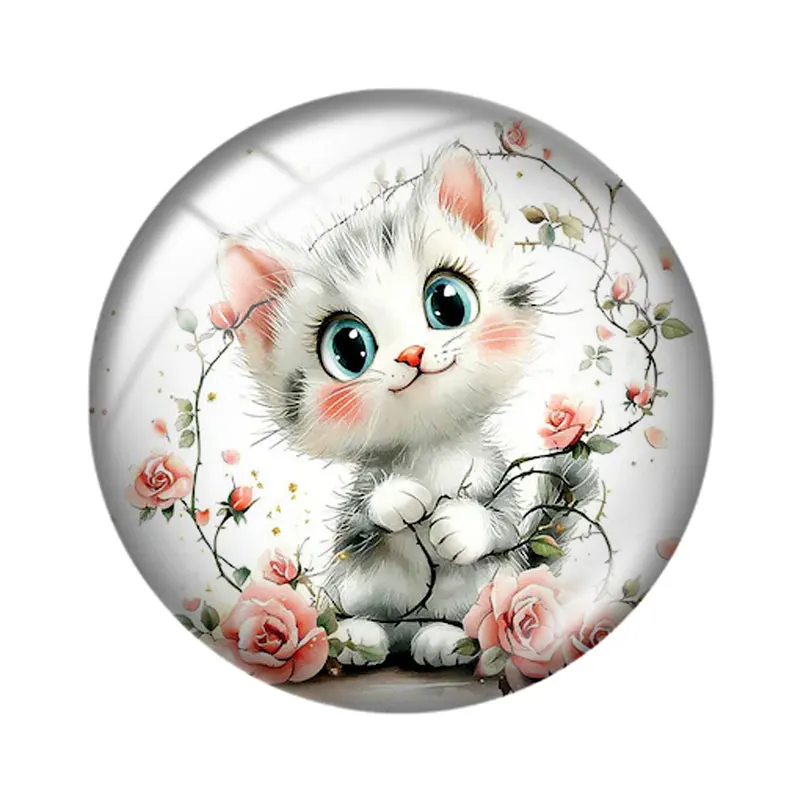 คาโบชองแก้วทรงกลมลายแมวน้อยน่ารักสไตล์สีน้ำ สำหรับงานประดิษฐ์ 10 ชิ้น ขนาด 12 มม./18 มม./20 มม./25 มม. ด้านหลังแบน