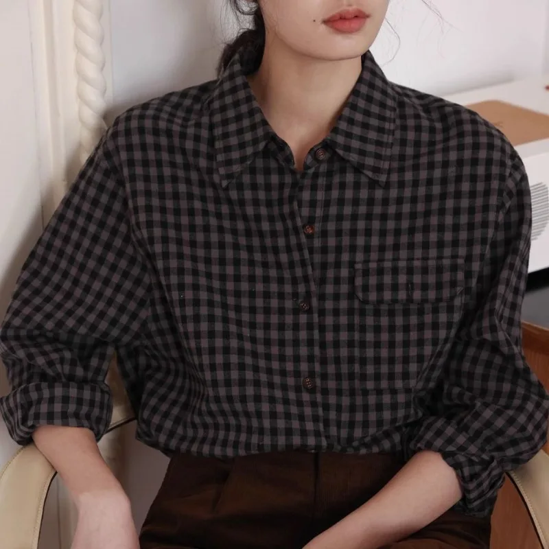 Deeptown Vintage Long Sleeve Plaid Shirts Youthful Woman Korean Style Female Blouses Elegant Office Ladies Old Money Summer