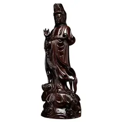 6inch Wooden Ruyi Guanyin Statue Safflower Solid Wood Black Sandalwood Wooden Buddha Statue Home Feng Shui Decoration