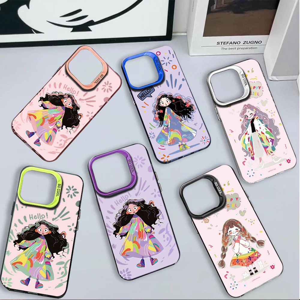 New Luxury IMD Phone Anti-drop Cover Case For iPhone 11 12 13 14 Pro Max 15 16 Plus Happy Little Doodle Girl