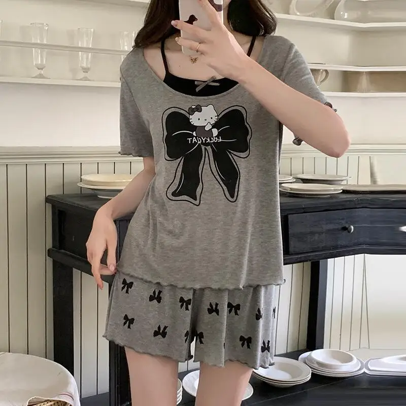 

Корейский мультяшный модный женский летний комплект пижамы: милые молодежные шорты и футболка с коротким рукавом, удобный домашний костюм для студентов, свободный повседневный комплект