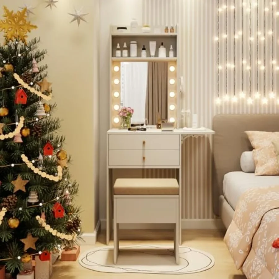 Vanity Desk with Mirror and Lights for Bedroom Use, MDF Material in White, Space-Saving Narrow Design with Foldable Countertop,
