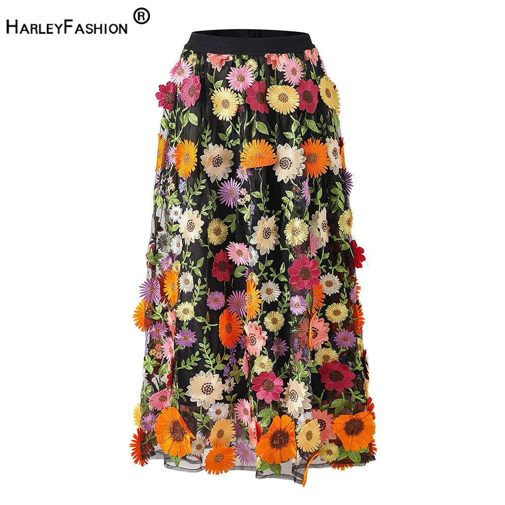 

Stunning Design New Summer 3D Flowers Embrodiery Elastic Waist Mesh Women Elegant Ball Gown Long Skirt