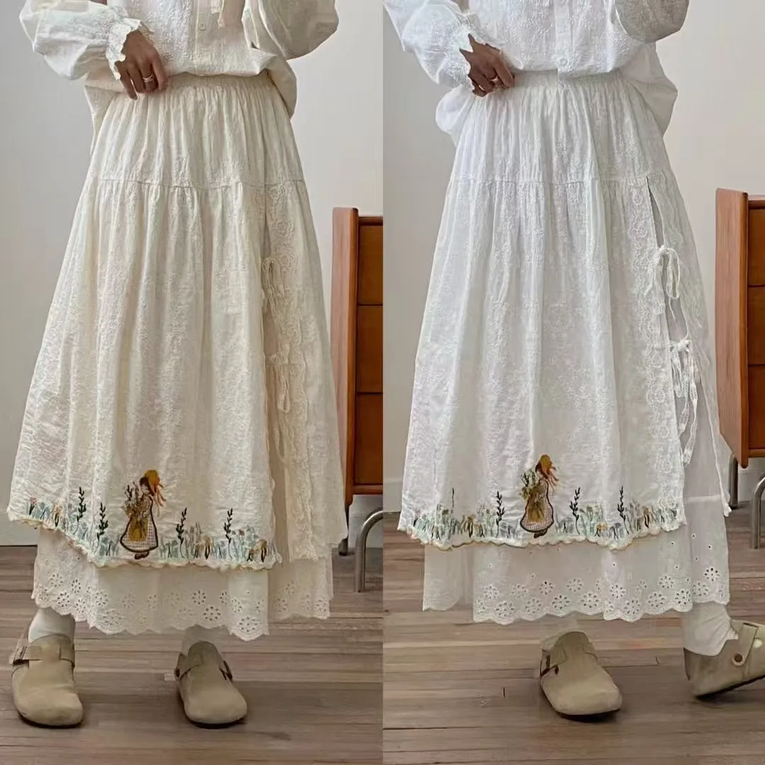 TIYIHAILEY Cotton Long Maxi Skirts Elastic Waist A Line Double Layers Spring and Summer Beige White Ladies Embroidery 2026 New