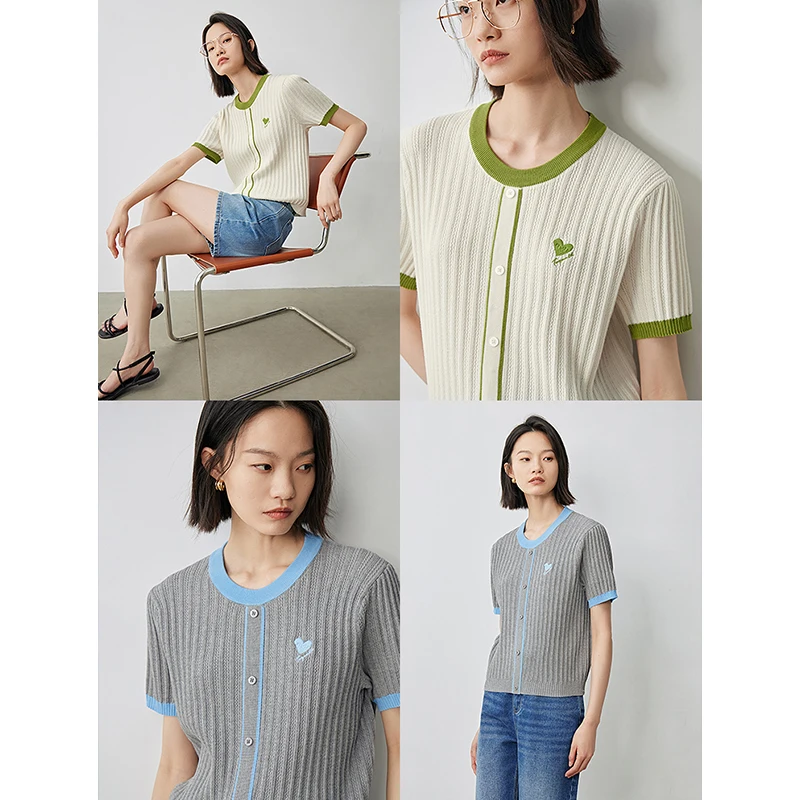 TOYOUTH Women Round Neck Short Sleeved Knit Sweater 2024 Summer New Texture Tops