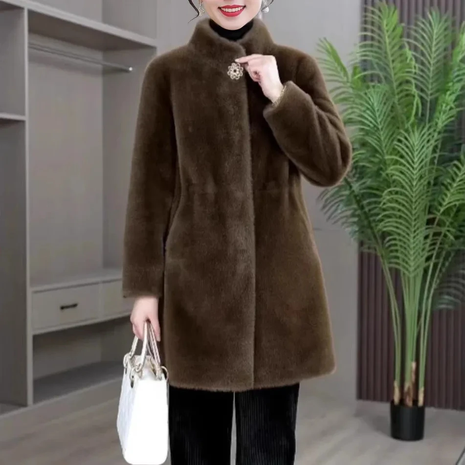 2025 Autumn winter New stand collar Fur integrated Coat Black Fashion Temperament Slim imitation fur Coat Women's Warm Overcoat
