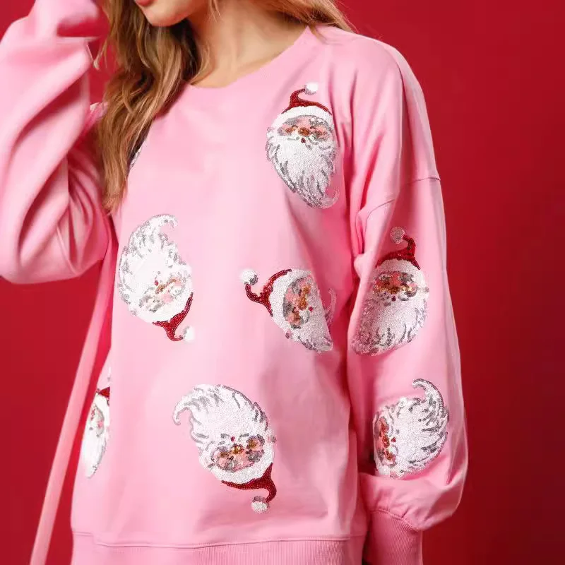 Glitter Patchwork Hoodies Vintage Tshirt Harajuku Slim Long Sleeve Streetwear Women Clothes Christmas Tee Top Autumn Winter