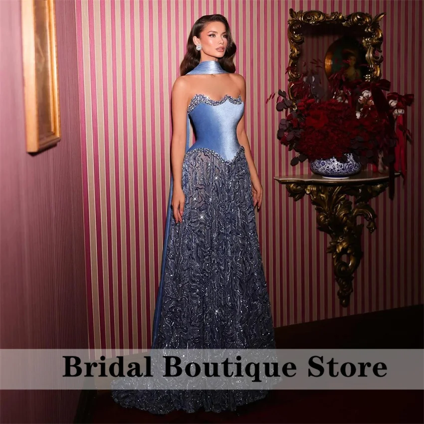 

Elegant Beading Blue Dubai Evening Dresses 2025 With Cape Crystals Formal Party Gown فساتين سهرة Prom Dress Customized