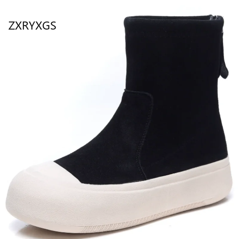 ZXRYXGS Top Layer Frosted Sheepskin Elastic Boots Women Vulcanized Shoes Platform Heighten Boots Winter in-tube Snow Boots 2025