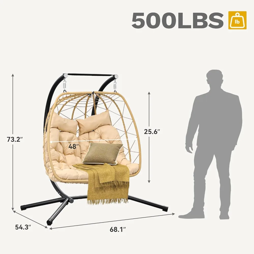 Double Egg Hanging Swing Chair With Stand Wicker With Cushions 500lbs for Patio Garden and Balcony Beige Outdoor Garden Swings