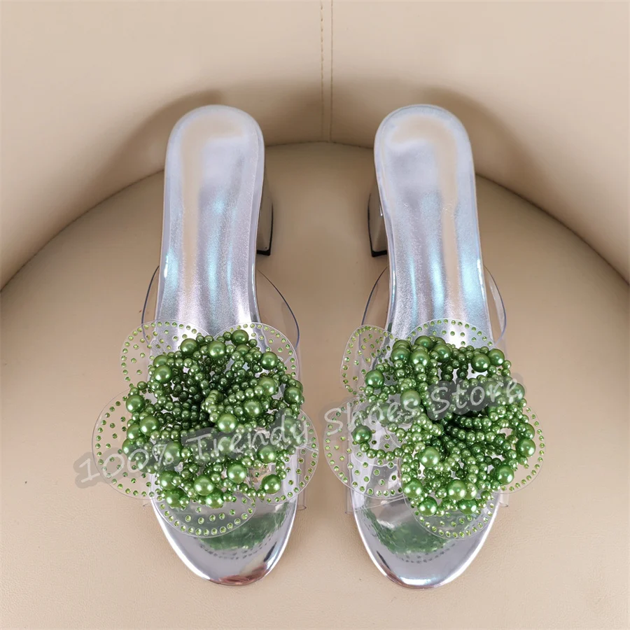 Luxury String Beads Flowers Transparency Pvc Women Mules Peep Toe Chunky Heel Gladiator Sandals Summer Party Slingback Pumps