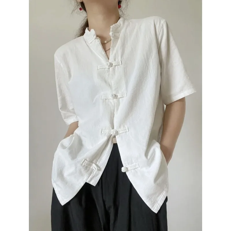 

QWEEK White Linen Short Sleeve Shirts Woman Chinese Style Button Up Blouses Summer Vintage Elegant Casual Chic Aesthetic 2024