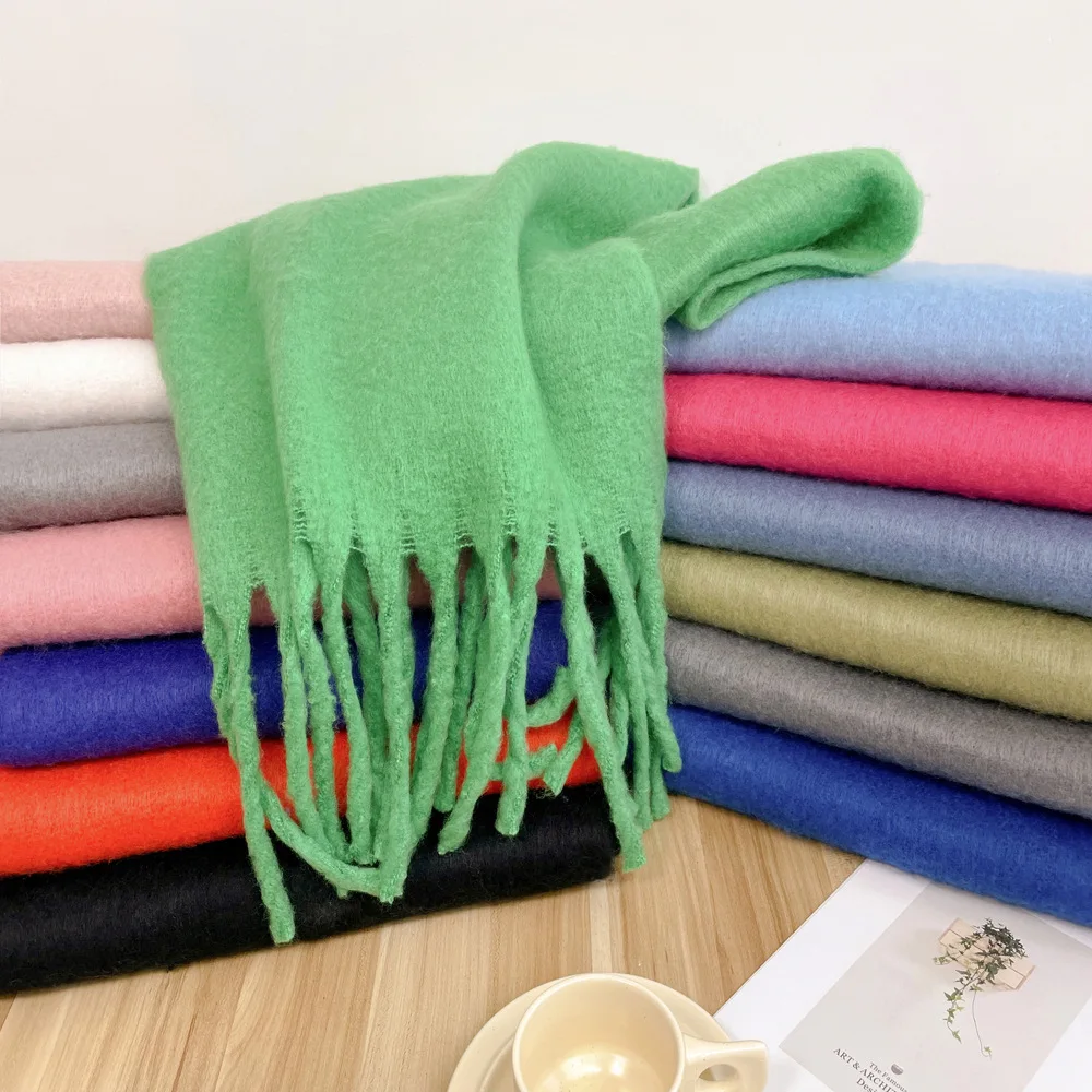 New Mohair Women Scarf Female Winter Warm Thickened Solid Color Long Scarves Soft Coarse Braid Tassel Shawl Viscose Wrap Shawls