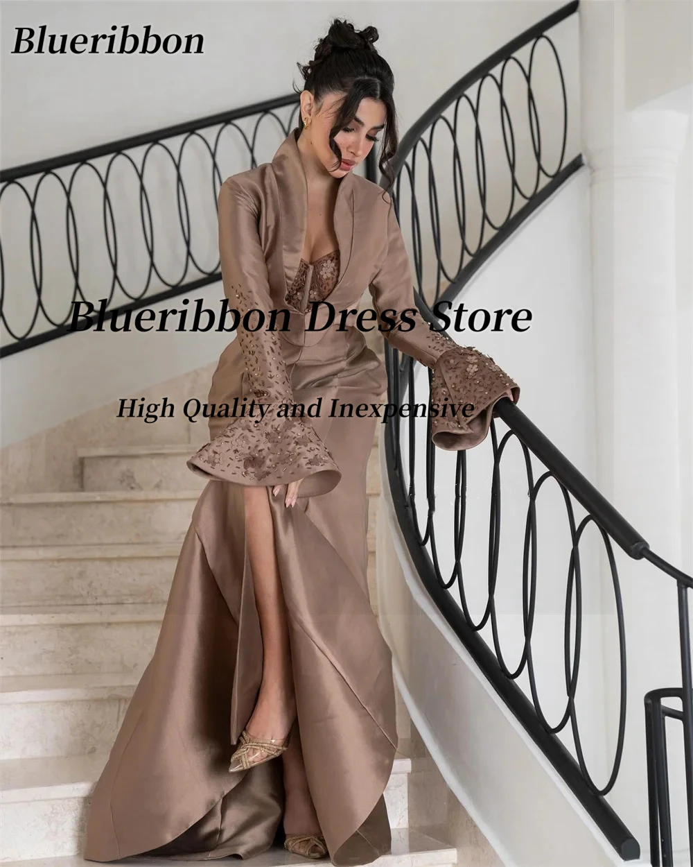 Blueribbon Customized Side Slit Satin Saudi Arabia Women Wear Evening Dresses Beaded 3D-Flowers Long Sleeves Prom Party Gowns