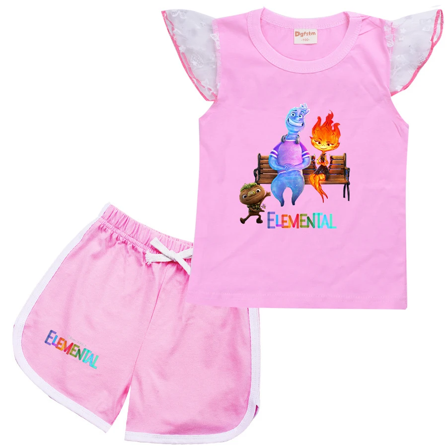 Fashion Summer Girls Baby Clothing Elemental T shirt Set Short Sleeve Children Casual Cartoon Print Tops+Shorts Set