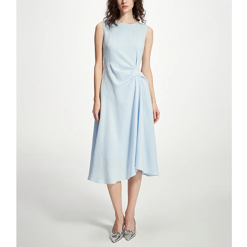 

Однотонное синее офисное платье А-силуэта без рукавов с круглым вырезом для женщин