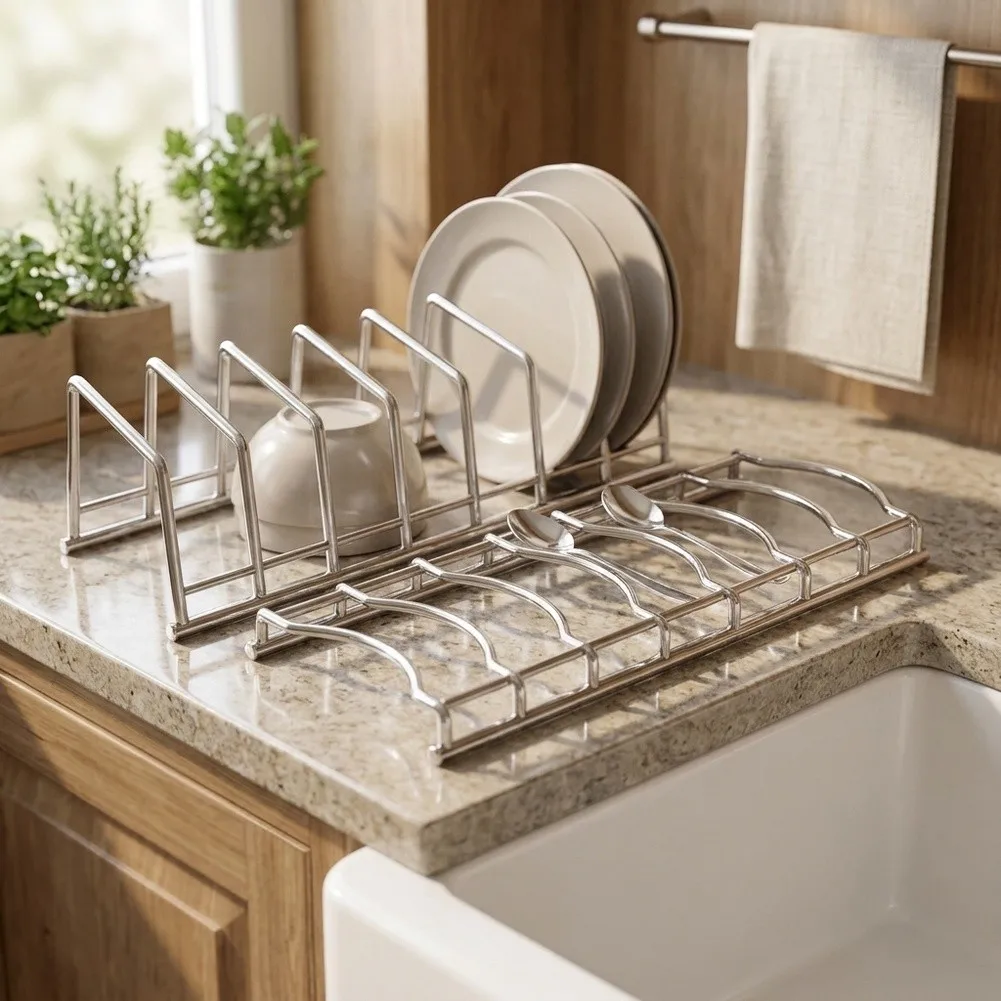 Dish Storage Rack Stainless Steel Dish Drying Rack With Drainage Holes 8-Slot Kitchen Organizer For Kitchens Restaurants Plates