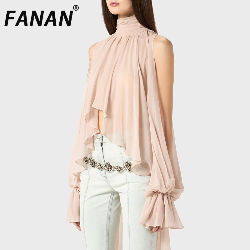 

FANAN French Style Hollow Out Design Pullover Shirts For Women Round Neck Long Sleeve Irregular Blouses 2025 Summer New Tops