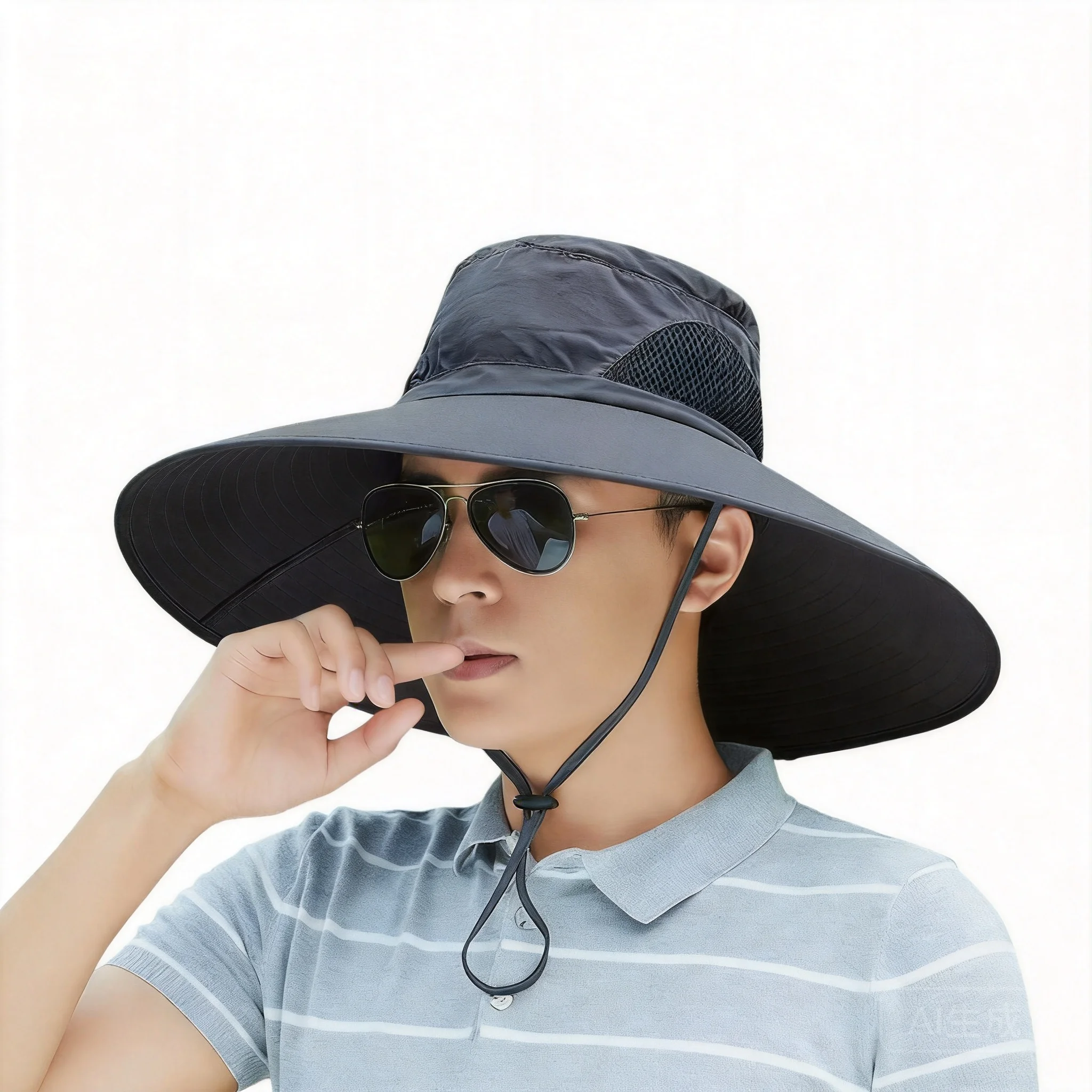 15cm Extra Wide Brim Mens 100% Cotton Bucket Hat Uv Sun Protection Breathable Mesh Solid Color For Hiking Fishing Camping Outdoo