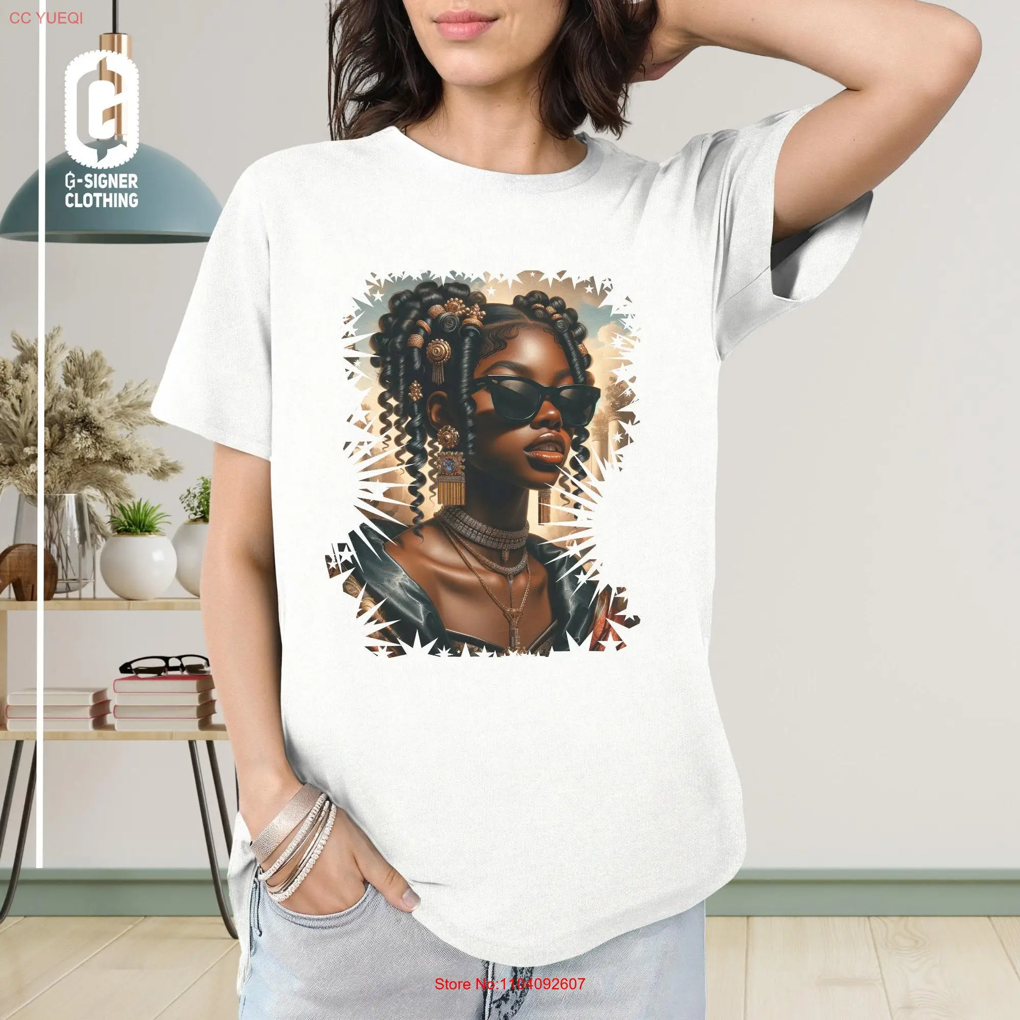 Woman With Sunglasses Colorful Portrait T Shirt Baroque Queen Art Bold Design Trendy Top Vibrant Stylish Girl Crewneck