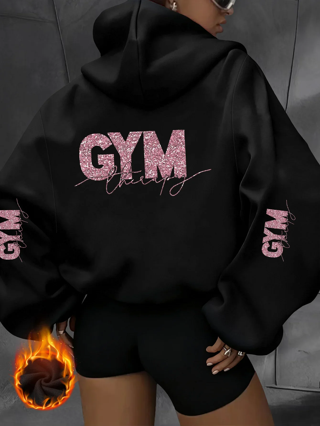 Moletom com capuz unissex com estampa gráfica de glitter, letras brilhantes na parte de trás, oversized, para academia, treino, streetwear, inverno
