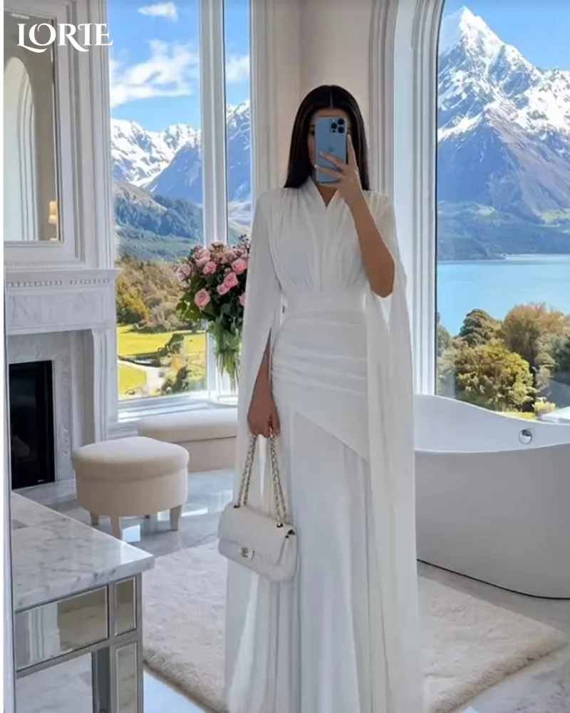 LORIE Shawl Church Wedding Dress V Neck Long Sleeve A-line Mermaid Muslim ivory Bride Gown Chiffon Customized Corset Bride Dress