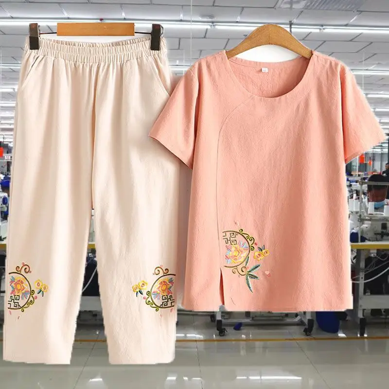 Grandma Summer Two-Piece Set Short-Sleeved Embroidered T-Shirt Top+Ankle-Length Pants Women Suits Cotton Clothes XL-5XL 2024