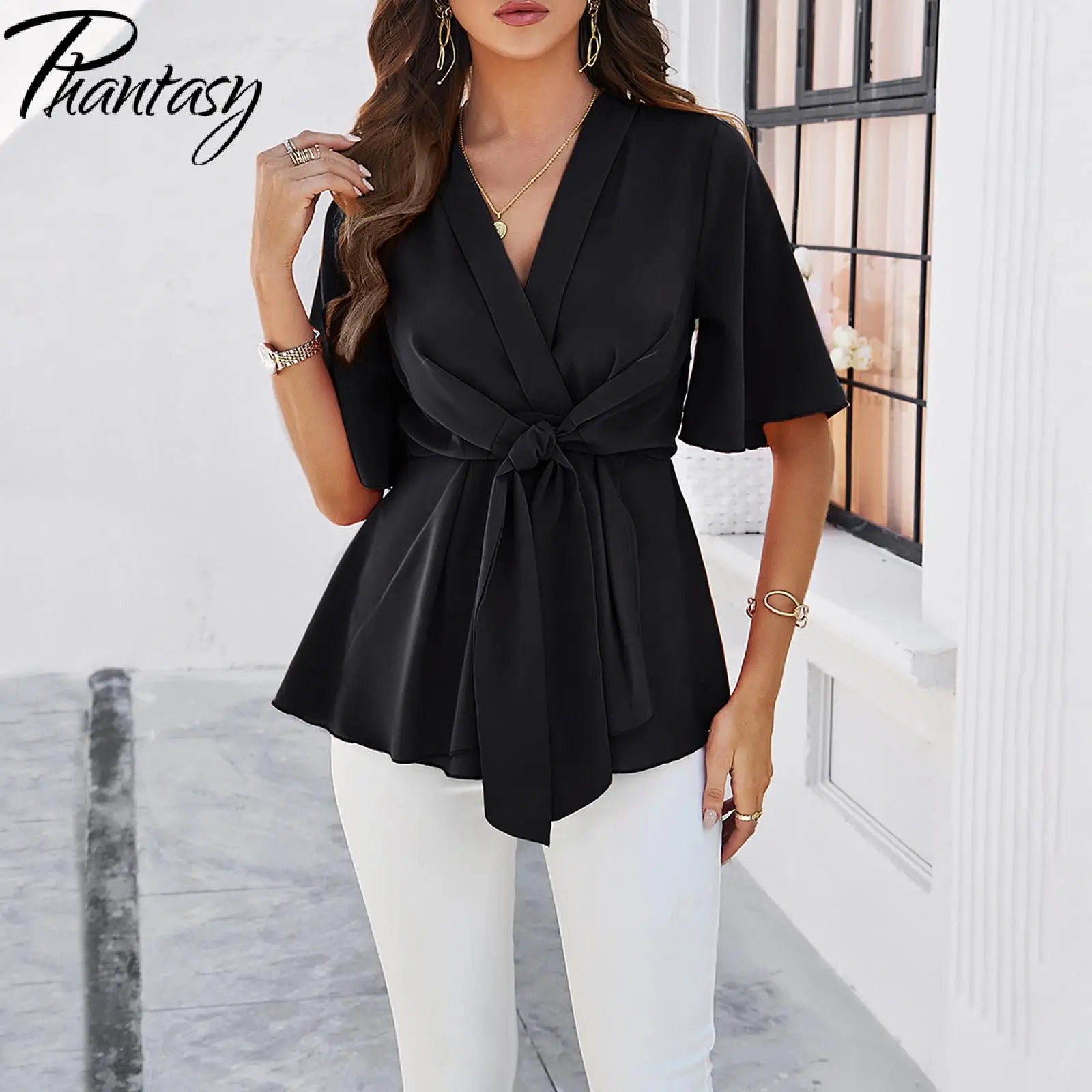 Phantasy Women Blouse Office Lady T-Shirt Loose Elegant Shirt Solid Tees V Neck Streetwear Temperament Spring Female Clothing