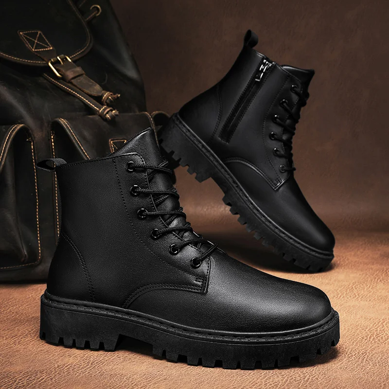 Black High-Top Men's Motorcycle Boots  Boots Leisure Style Autumn New Arrival Resistant Wear Rubber Outsole round Toe