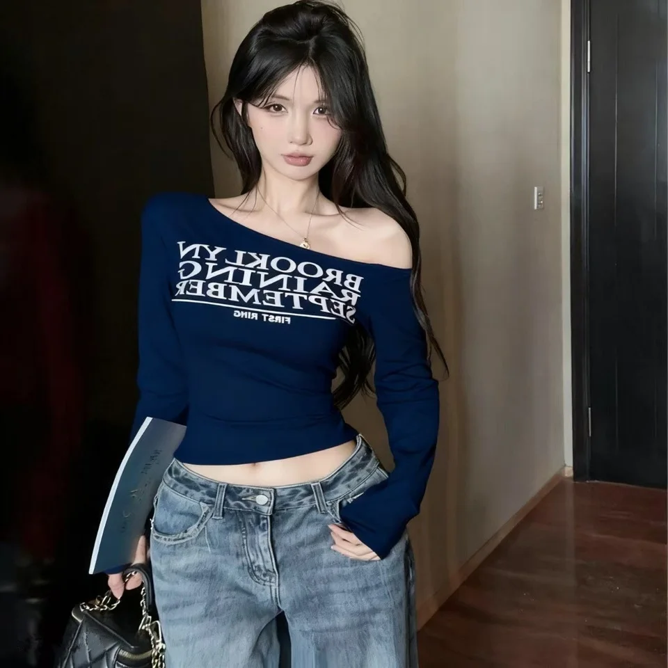 Slim Fit Long Sleeve T-Shirt Women's Sweet And Spicy Style Flocking Letter Print Asymmetrical Neck Design Cotton Blend T-Shirt