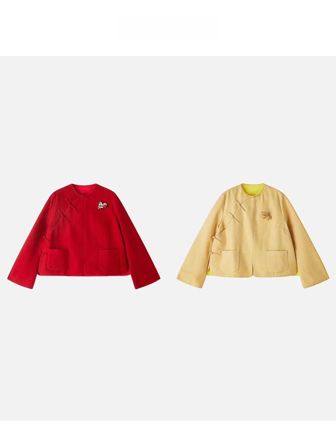 

JINGJING2025 Новое шерстяное пальто из 100% шерсти «Юй Цзинцю» красного цвета с боковыми пуговицами и традиционным китайским узором для женщин