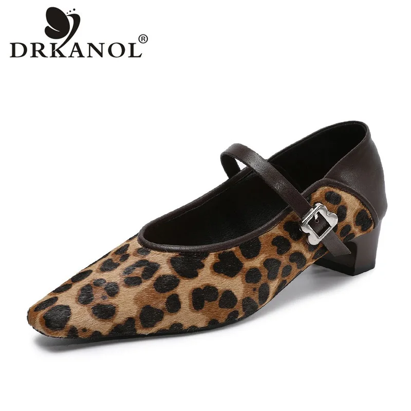 DRKANOL Women Leopard Print Mary Janes Shoes One Word Buckle Strap Square Toe Horsehair Shallow Thick Heel Casual Single Shoes