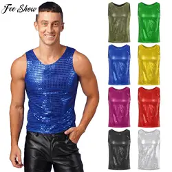 Mens Shiny Sequin Tank Tops Nightclub Carnivals Festivals 60s 70s Disco Party Dancewear Hip Hop Jazz Dance Costume