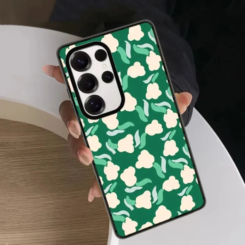 Green Flowers Acrylic Black Border Case for Samsung Galaxy S26 S25 S24 S23 Ultra S26U S24+ S25+ S26 Plus Protective Case